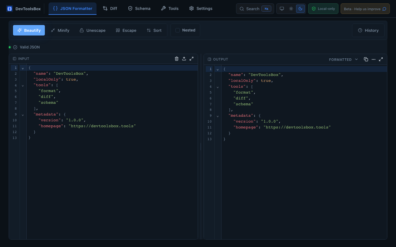 RavionX Tools JSON Formatter showing beautified JSON in a split input and output editor