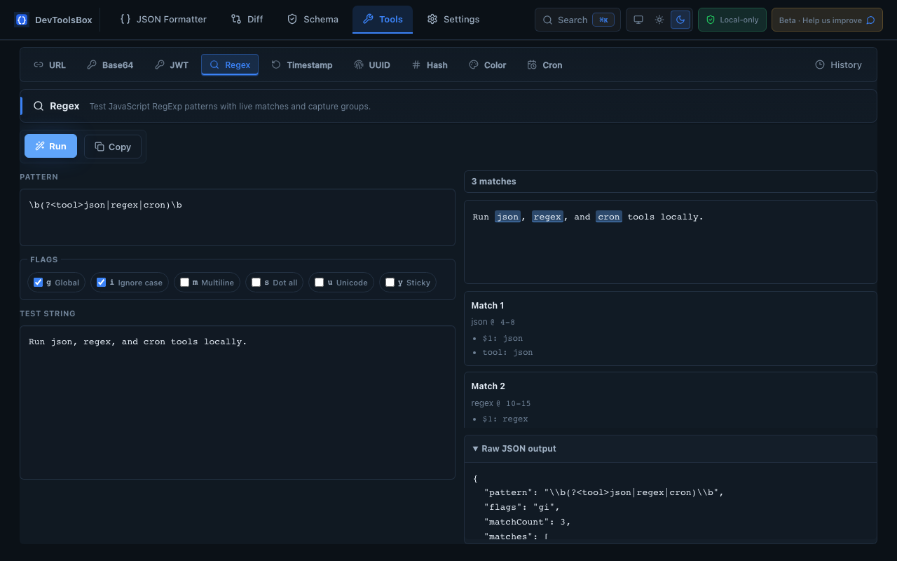 RavionX Tools regex tester showing matches and capture groups